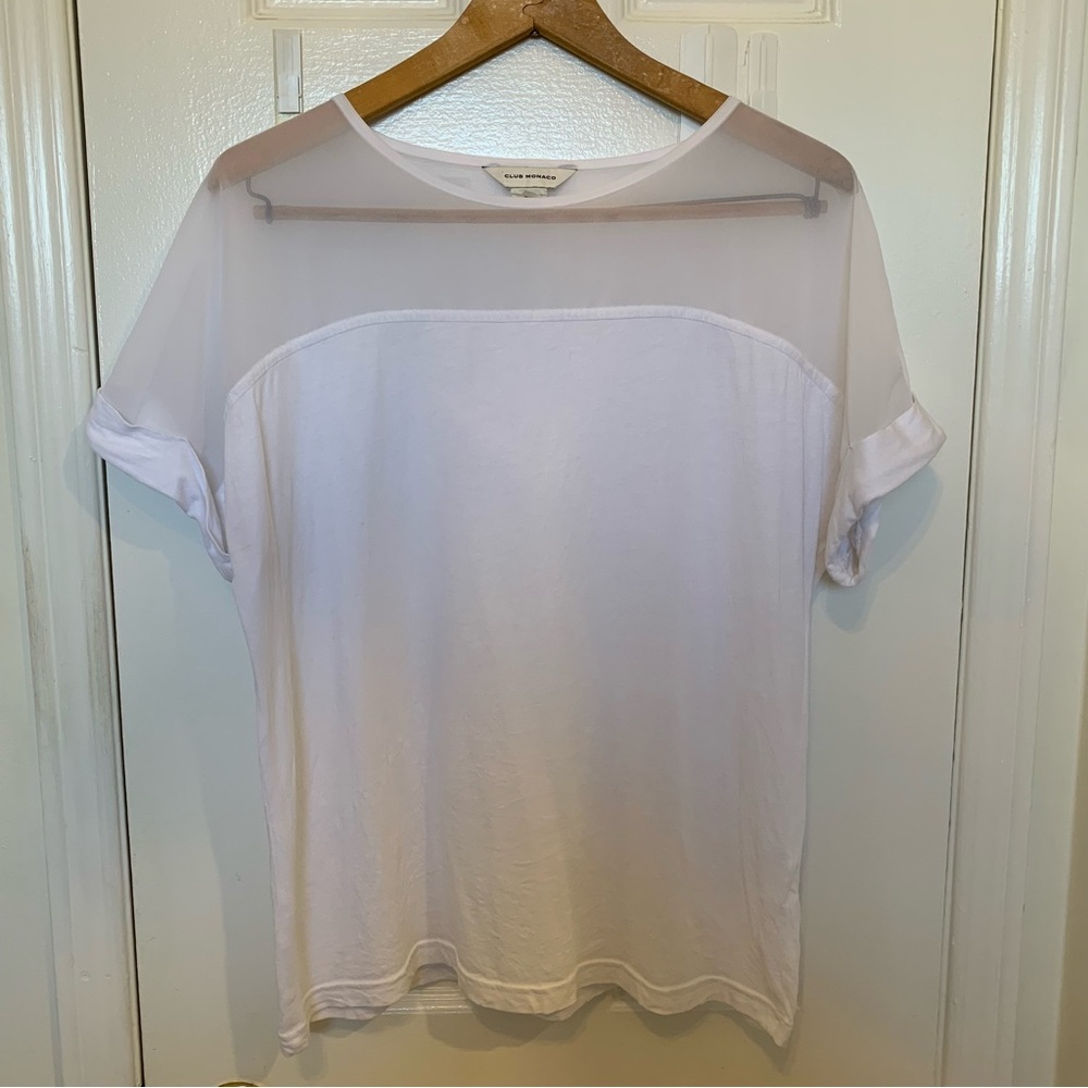 Club Monaco Cuffed Short Sleeve T-Shirt Blouse Chiffon Block Roundneck Top White